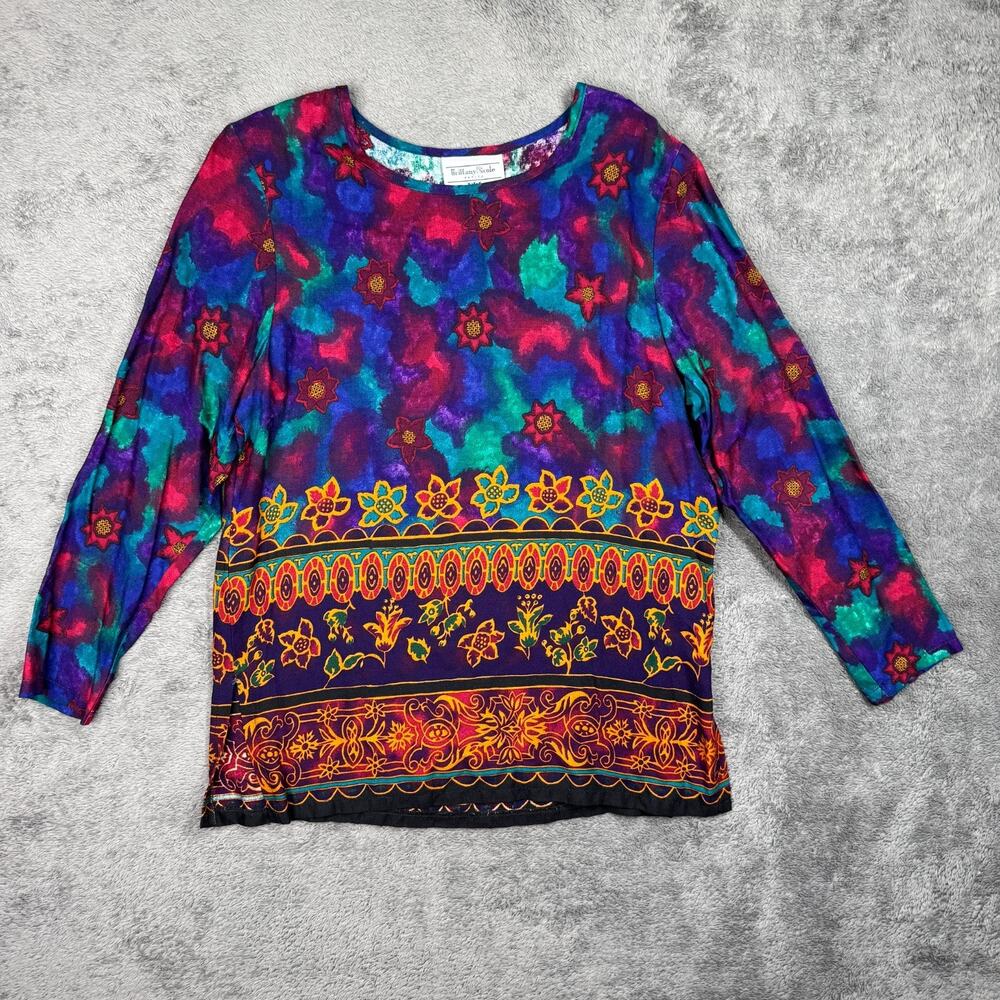 Vintage Boho Floral Long Sleeve Top Blouse Shirt Brittany Nicole Petite Rayon